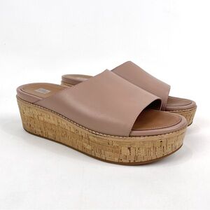 Fitflop Eloise Slide Sandal Beige Leather Cork Wrap Platform Wedge Womens 10